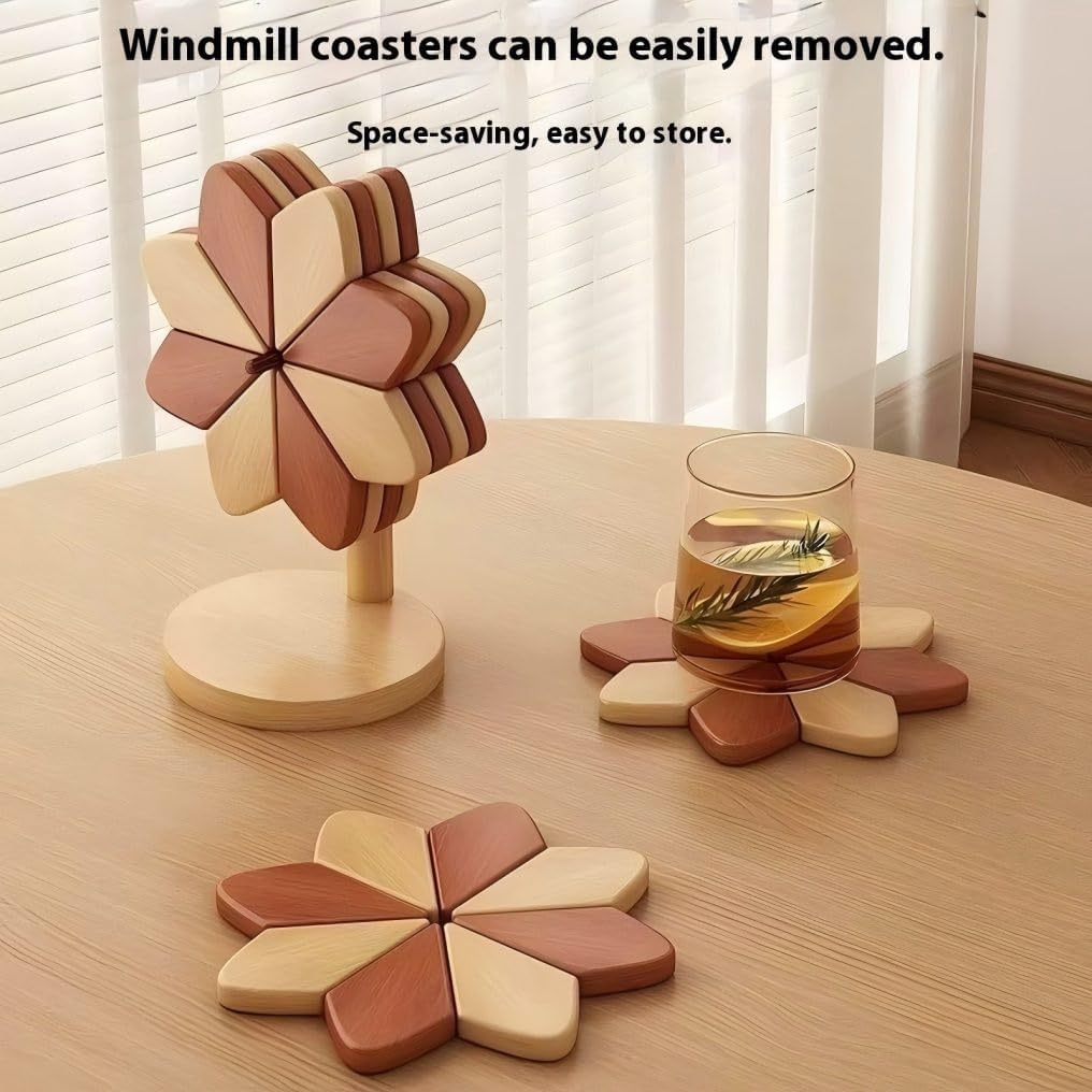 Wooden Windmill Shaped Trivet Set with Stand, Natural Wood Heat Resistant Hot Pot Holder, Reversible Design Kitchen Table Mat, 6'' Diameter, 9'' Height with Base