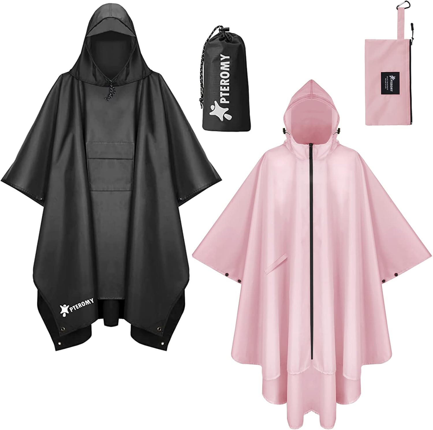 PTEROMY Hooded Rain Poncho with Pocket+Hooded Rain Poncho with Pocket and Zipper