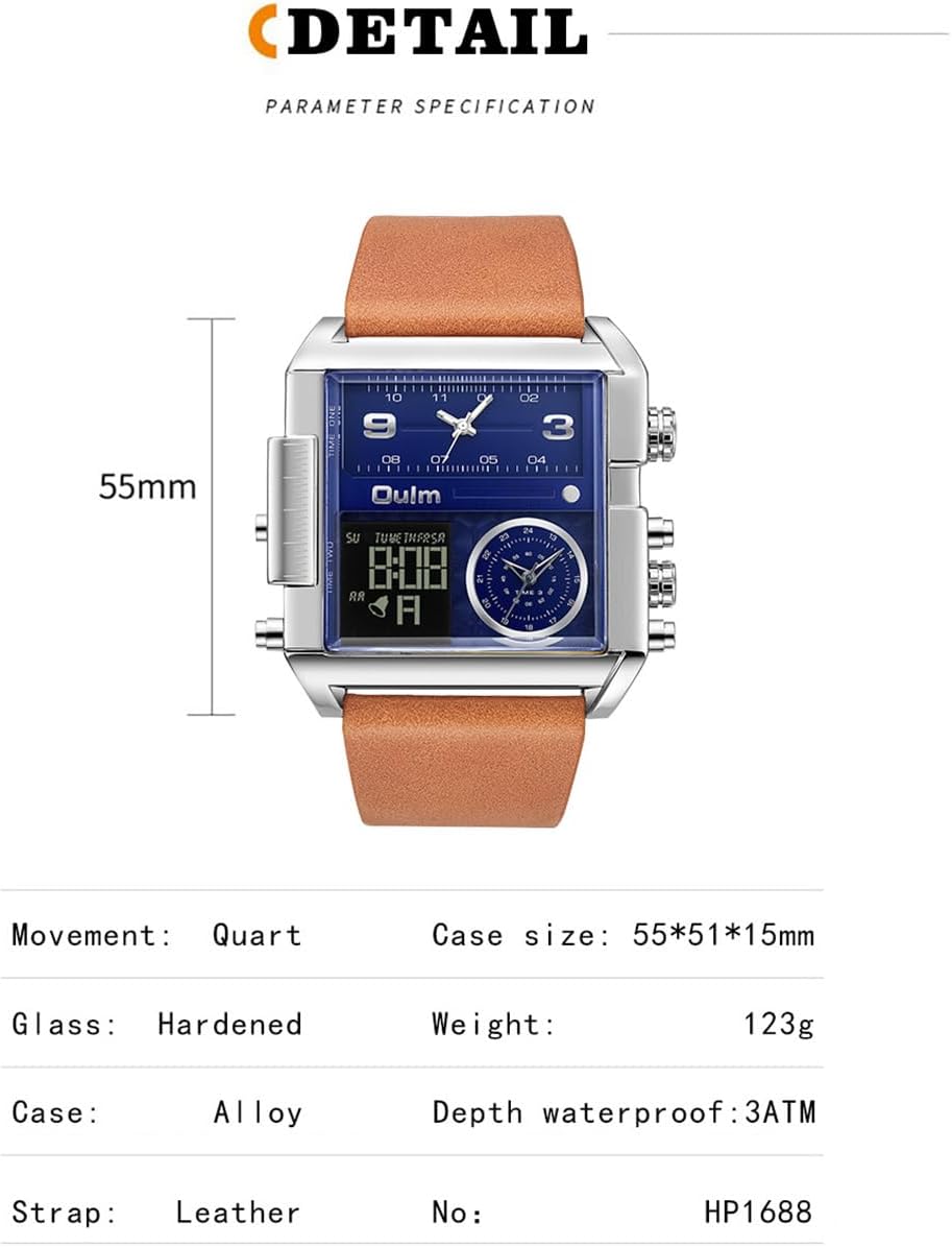 CARLIEN Men's Square Large Face LED Backlight Multi-Time Zone Stopwatch Waterproof Watches Wrist Watches Analog Digital Sports Watch