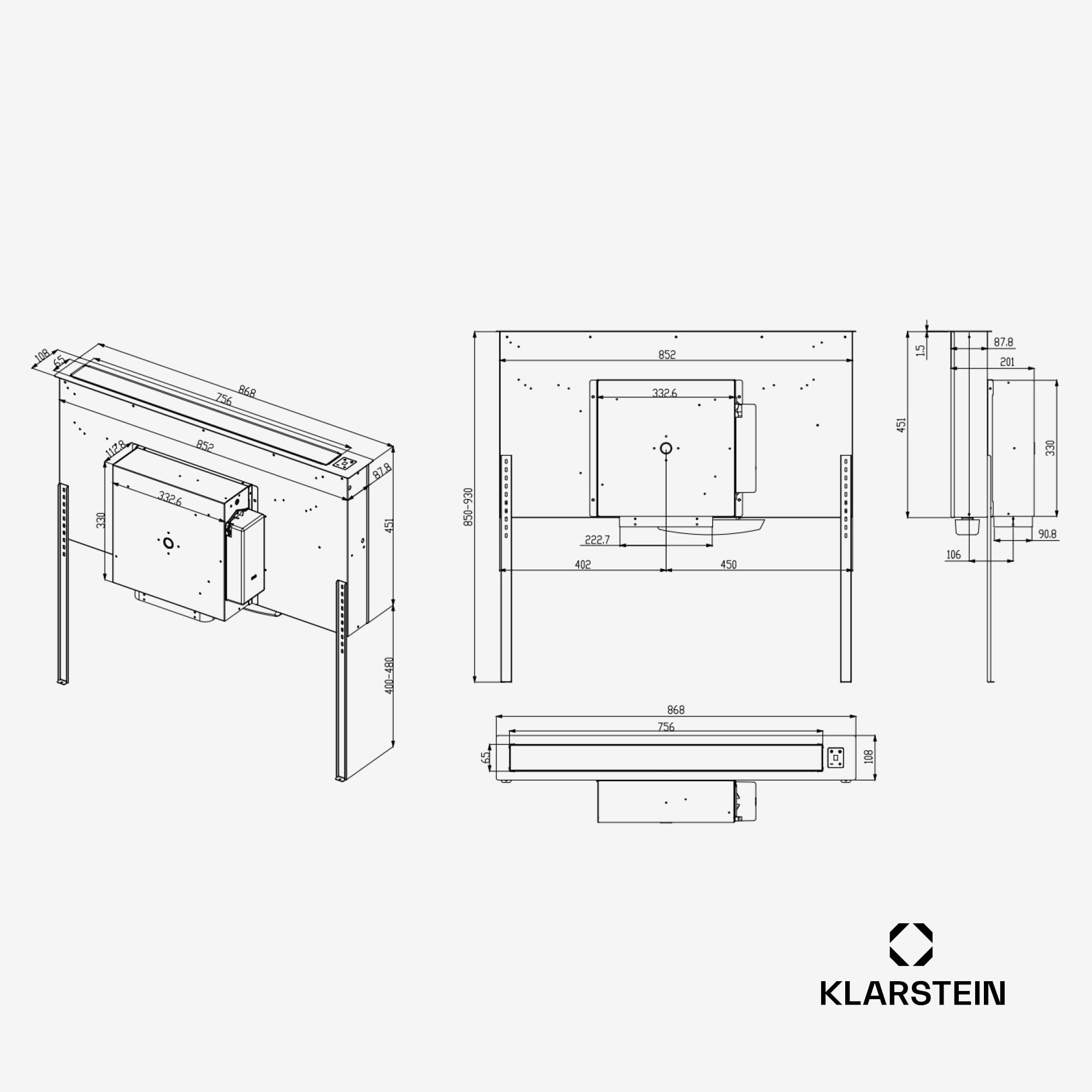 Cuffia da cucina Klarstein 90cm, cuffia di aspirazione downdraft, flusso d'aria 708m³/h, 3 velocità, comandi a sfioramento, modalità booster, cuffia di aspirazione retrattile 90cm