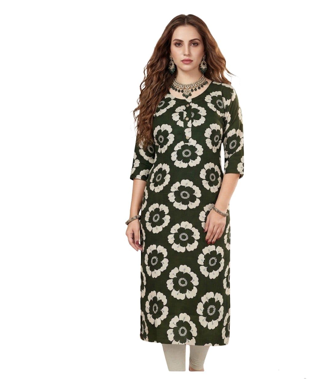 Women's Floral Print Straight Kurta, Dark Green, 3/4 Sleeves, Casual Ethnic Wear