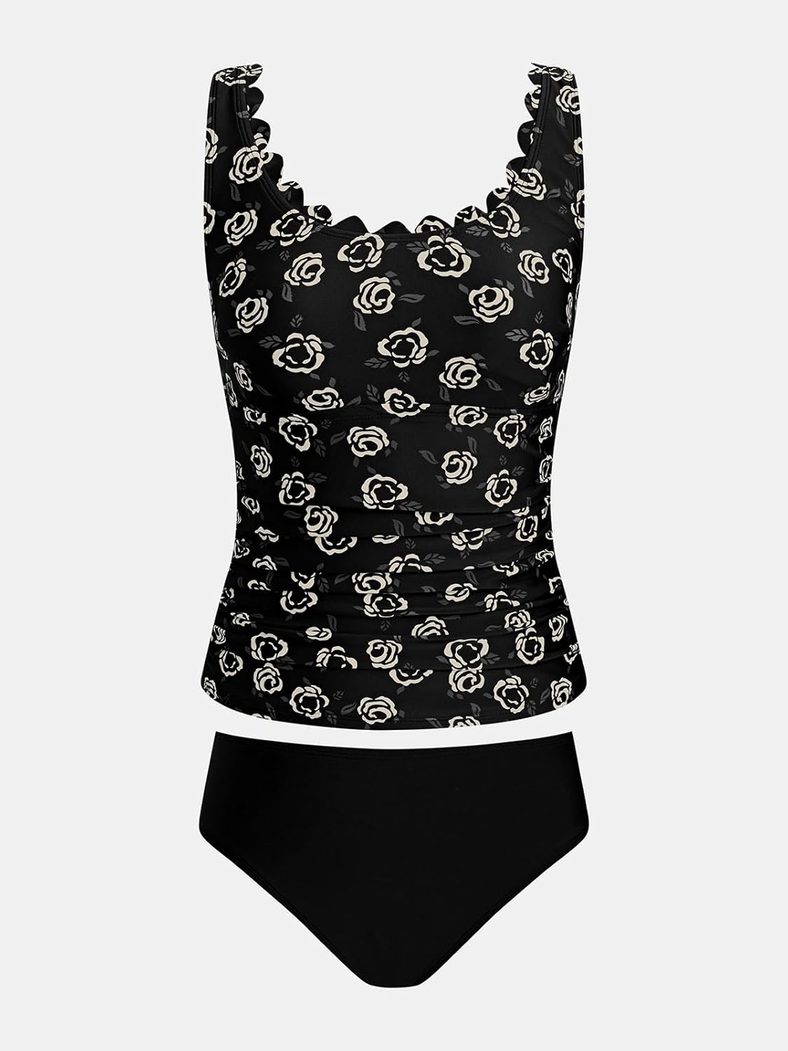 CUPSHE Women's Tankini Sets Scoop Neck Scallop Trim Two Piece Swimsuit Adjustable Wide Straps Ruching Swimwear