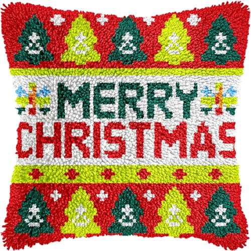 veirousa Merry Christmas Latch Hook Pillow Kits for Adults Beginners, DIY Pre-Printed Rug Kits, Easy Cross-Stitch Embroidery Cushion Craft for Home Sofa Decor 17x17 in. Holiday Gift Idea