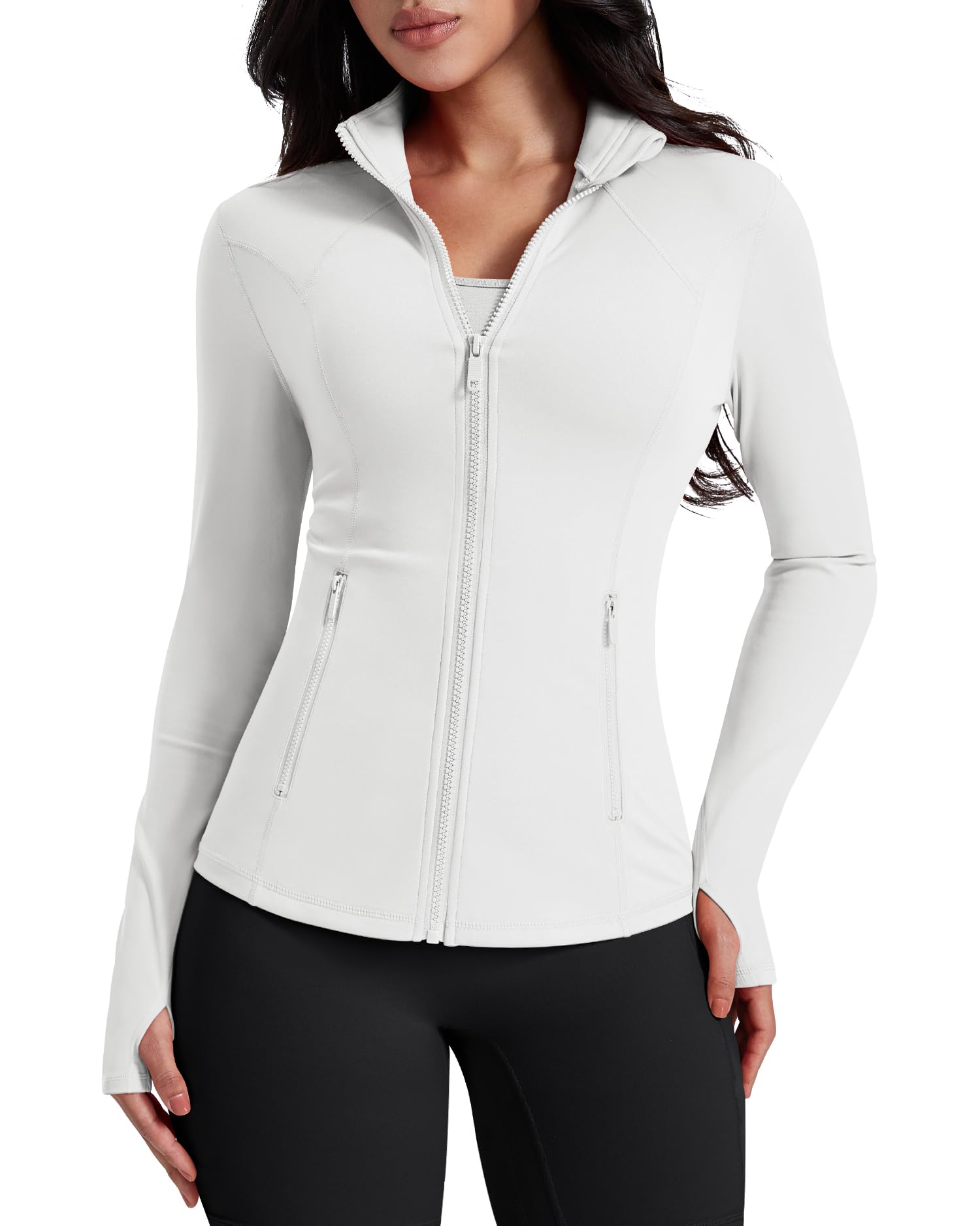 Womens Workout Jackets Lightweight Athletic Zip Up Jacket Slim Fit Running Gym Top with Pockets & Thumb Holes