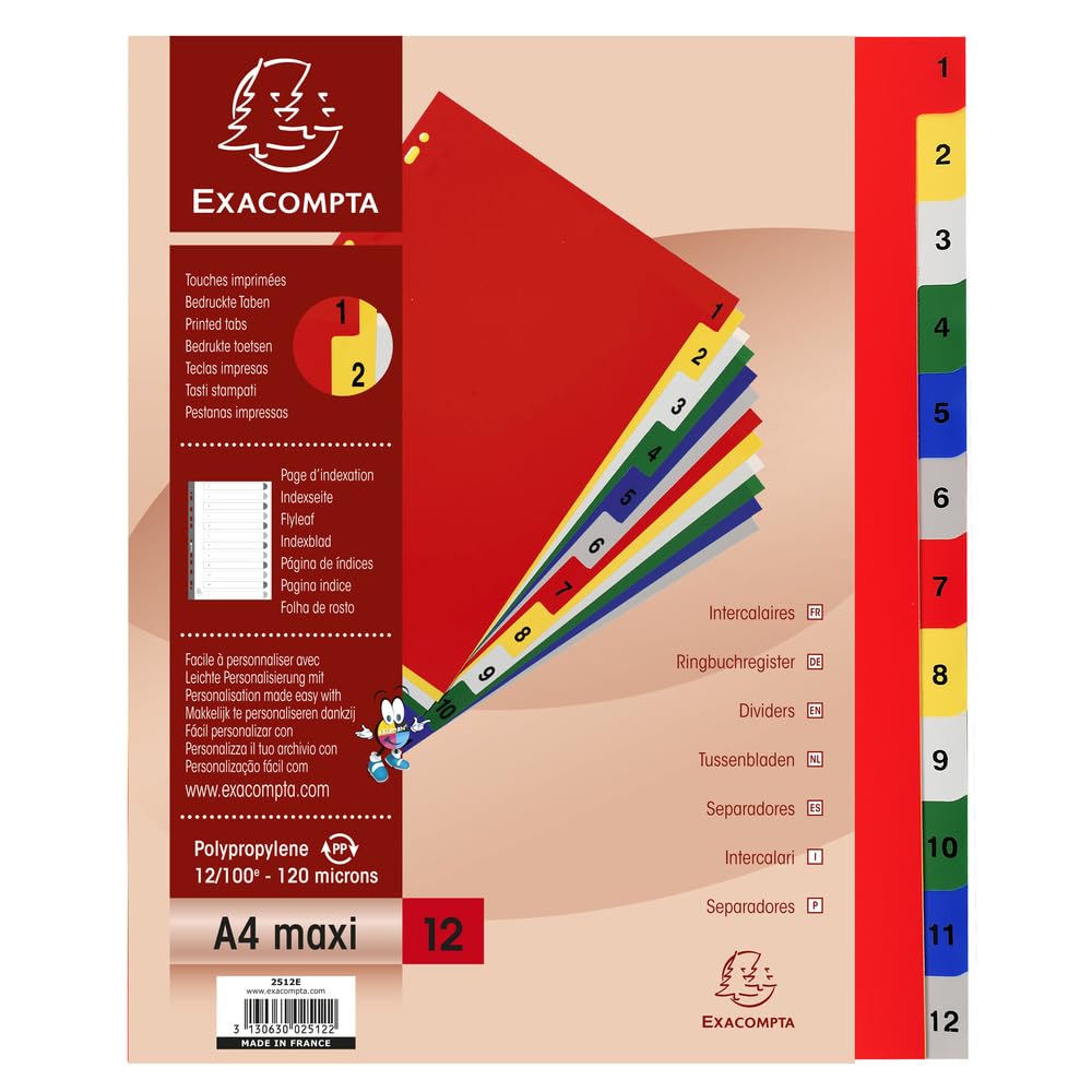 Exacompta - Ref 2512E - Box of 20 Polypropylene dividers with 12 Digitally Printed tabs from 1 to 12 in Colour - Printable indexing Page - for A4 Maxi - Size 24.5 x 29.7 cm