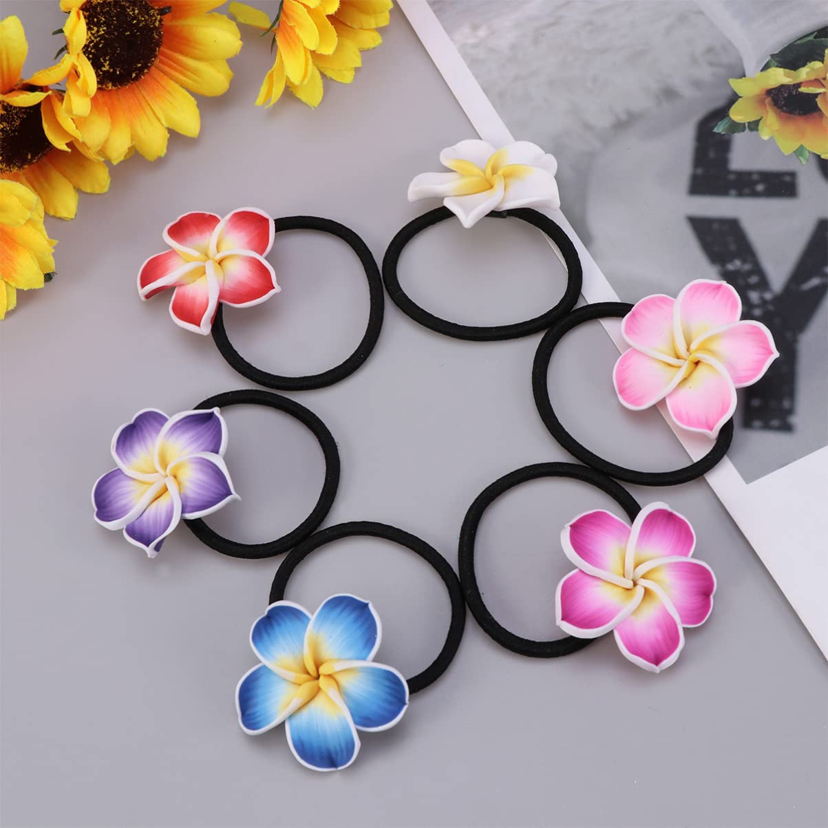 Lurrose Plumeria Hair Ties 24PCS Soft Ceramic Hair Ring Colorful Flower Hair Rope Hawaiian Flower Hair Accessory for Wedding Beach Party Vacation