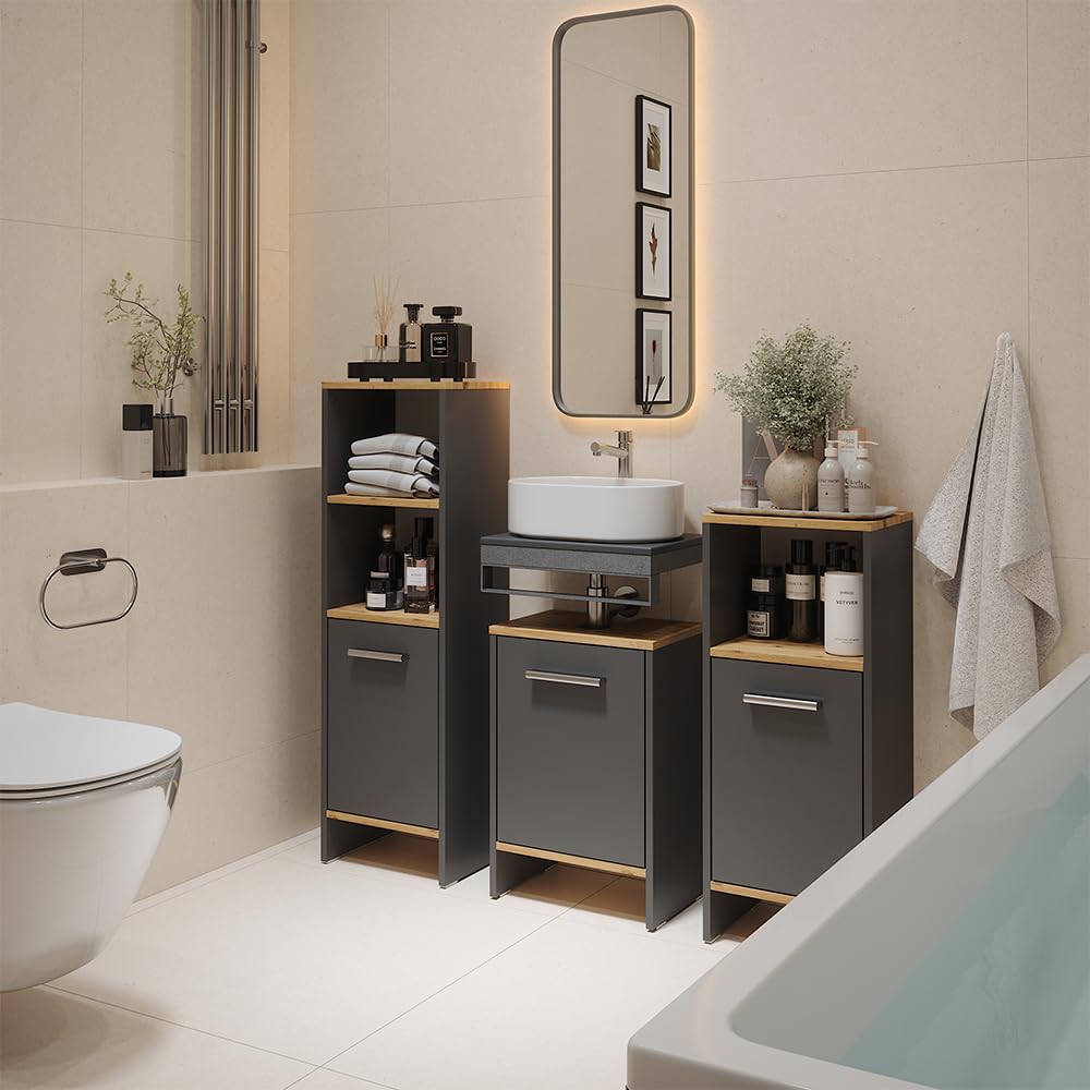 Vicco Mobile sottolavabo per bagno Karli Antracite/Rovere dorato 38.2x57 cm | con la porta, adatto per sifoni standard e facile da montare