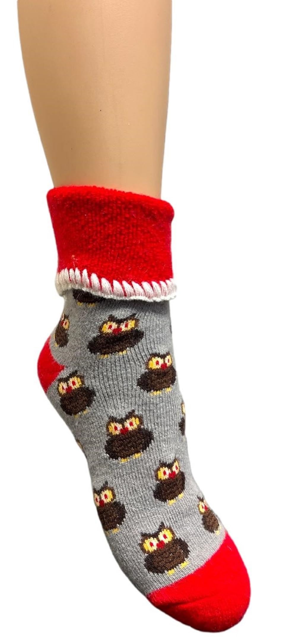 Jess & Lou Cuff Socks Super Cosy Thick Fluffy Towelling Warm Knitted Cuff Stretchy Loungewear Cute Design Gift Idea (Grey Owl)