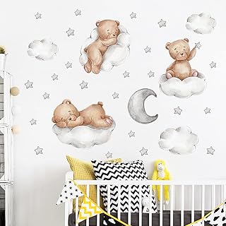 Teddy Bear Sleeping on The Moon and Stars Wall Stickers Cartoon Cute Teddy Bear Decals Extra Stars Wall Decor for Kids Baby Room Interior Nursery Teddy Bear Decoration (There Bear)