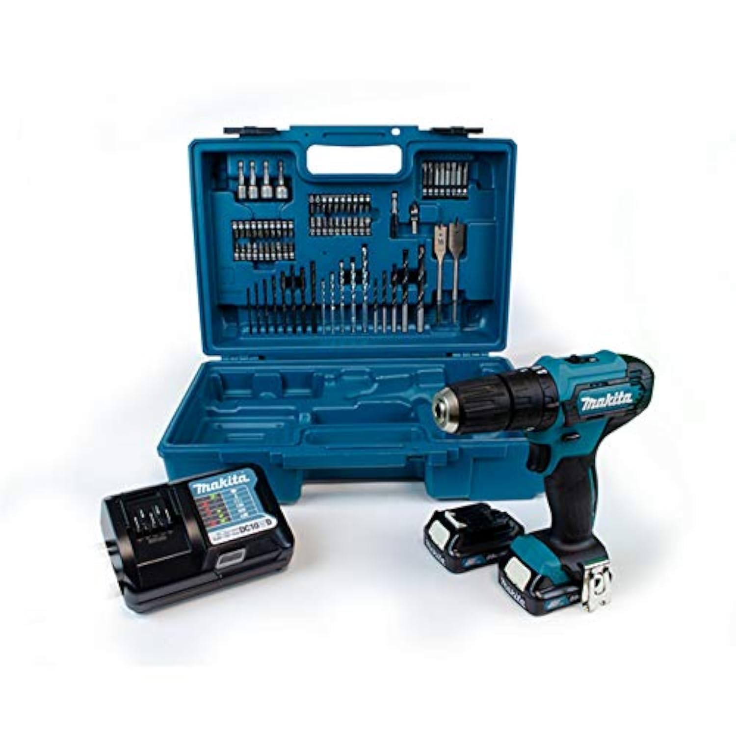 Makita HP333DWAX1 12V Max Li-Ion CXT Combi Drill Complete with 2 x 2.0 Ah Li-Ion Batteries, Charger and 74 Piece Accessory Set Supplied in A Carry Case