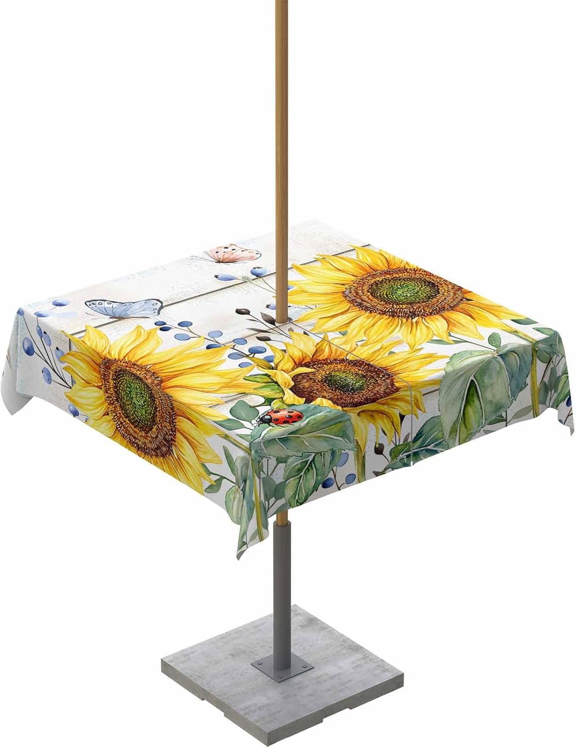 Outdoor Tablecloth with Umbrella Hole and Zipper 60" Square Spring Summer Sunflower Butterfly Wood Grain Water Repellant Table Cover Tabletop Collection for Party Patio Picnic