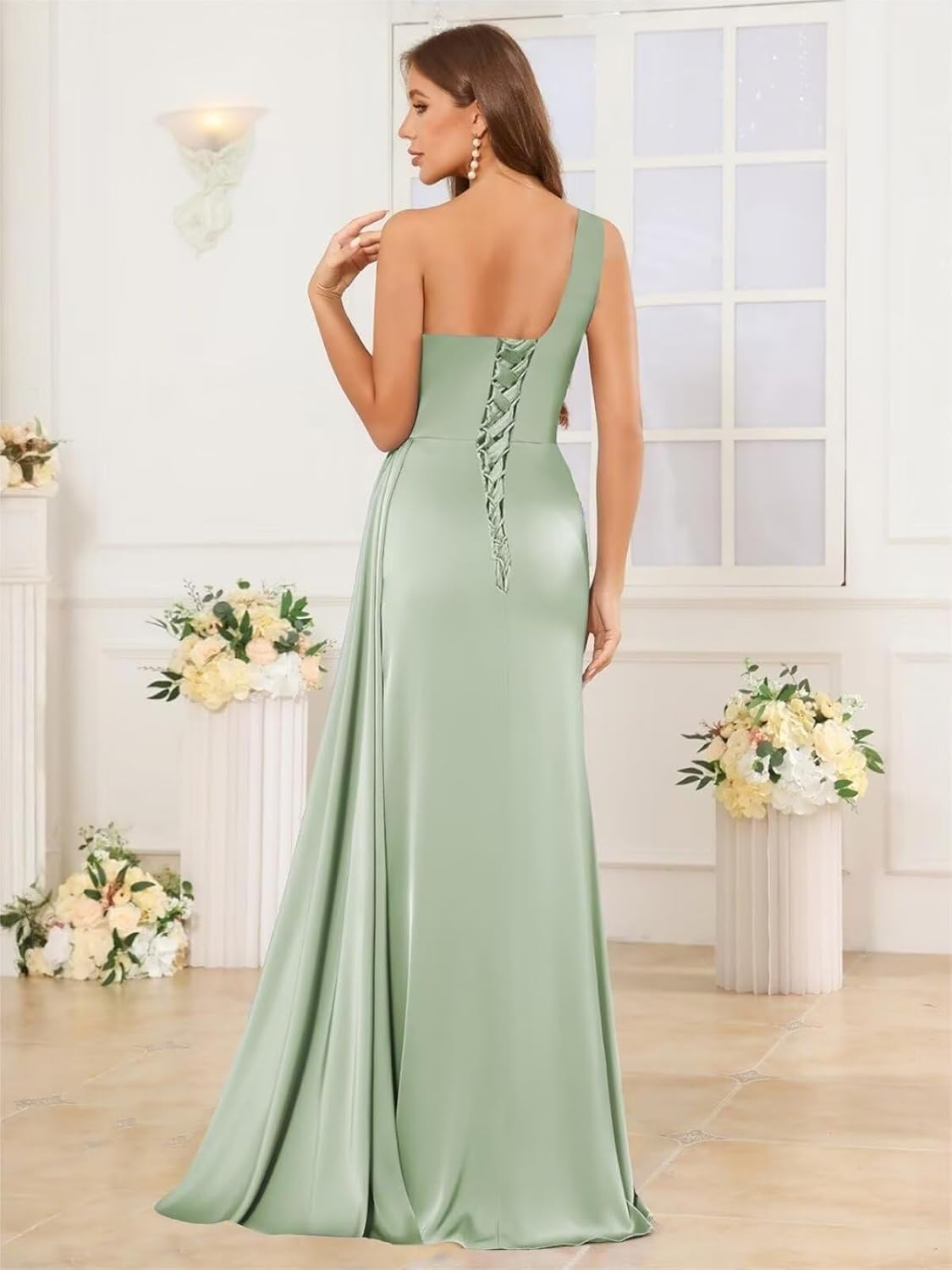 HYY Women's One Shoulder Bridesmaid Dresse Long Satin Formal Dress with Side Slit for Wedding - Image 3