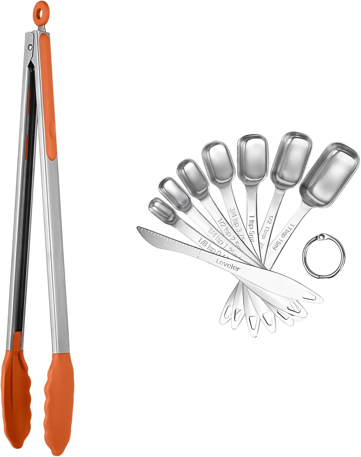 U-Taste 600℉ Heat Resistant Food Grade Non Stick Firm Cooking Tongs (16 in+Silver), and 18/8 Stainless Steel Square Measuring Spoons Set of 8 (Orange+Silver)