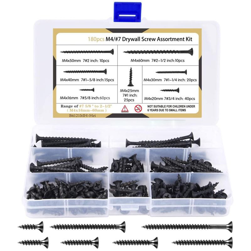 180PCS M4 Black Cross Countersunk Flat Head Tapping Screws Hardened Drywall Nails Wood Screw Set Kit Plasterboard Screw Wall