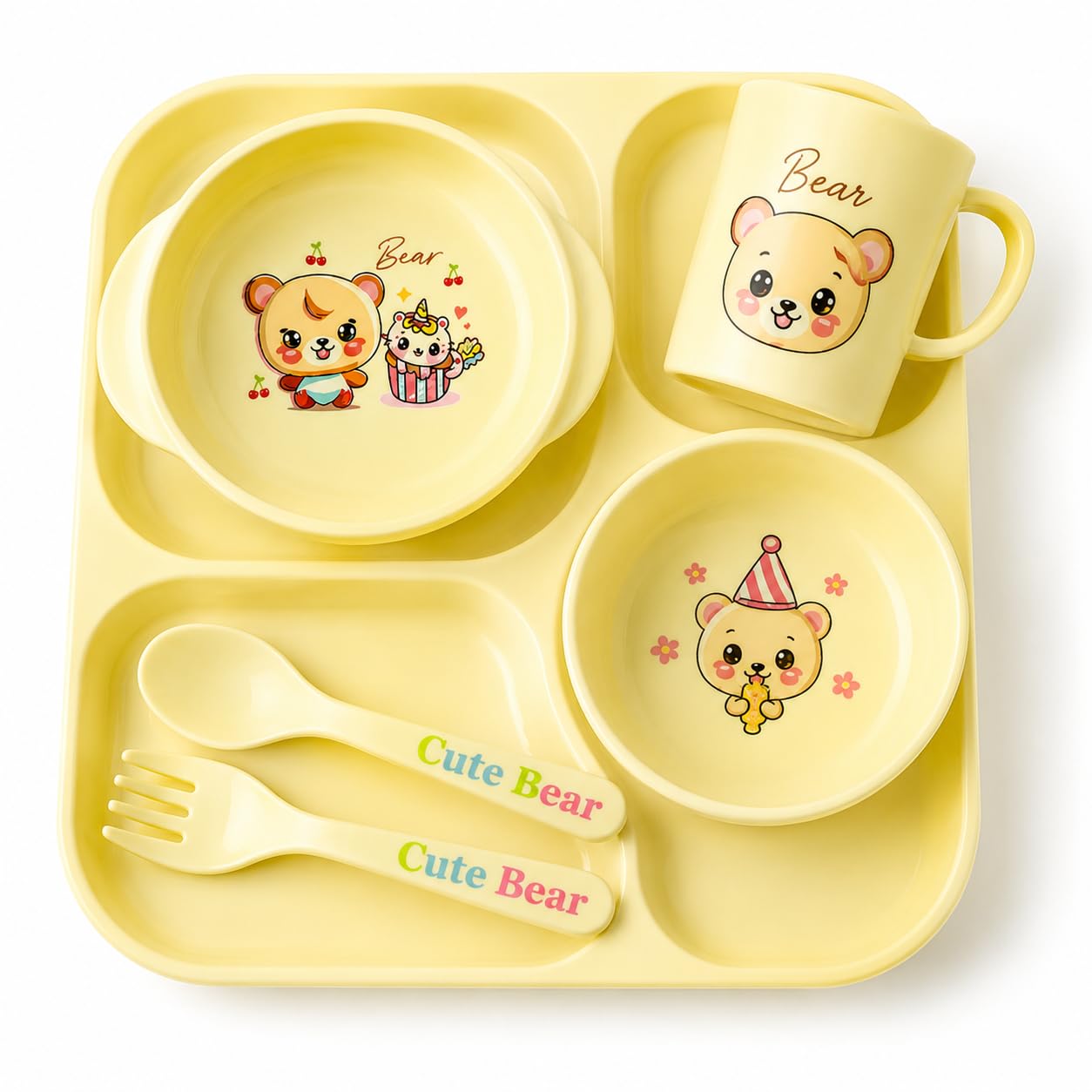 Cute Bear Baby Feeding Set 5 Piece BPA-Free Kids Dinnerware Set | Plate, Bowl, Cup, Spoon & Fork | Food Grade Plastic Toddler Feeding Set | Lightweight, Durable & Safe for Boys & Girls-image-6