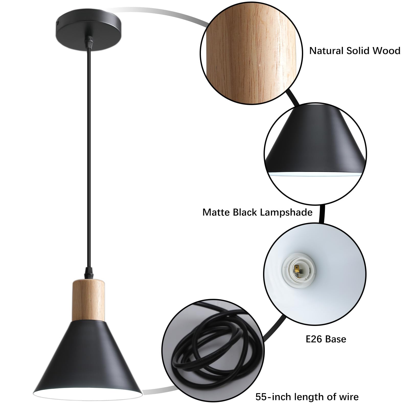 Pendant Lights, 3 Pack Solid Wood Ceiling Hanging Lamp, Modern Matte Black Pendant Lighting for Kitchen Over Island Dining Living Room Bedroom