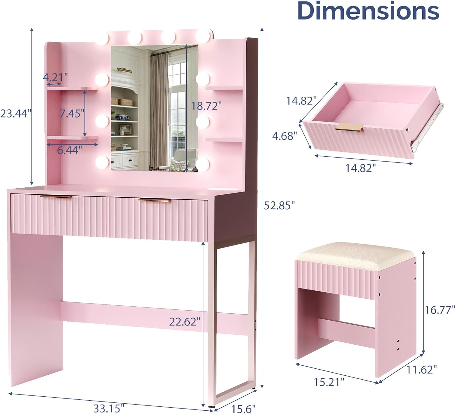 Karl home Fluted Makeup Vanity Desk with Mirror and Lights, Vanity Table Set with 2 Drawers & 4 Storage Shelves, Dressing Table with Charging Station & Cushioned Stool for Women Bedroom, Pink