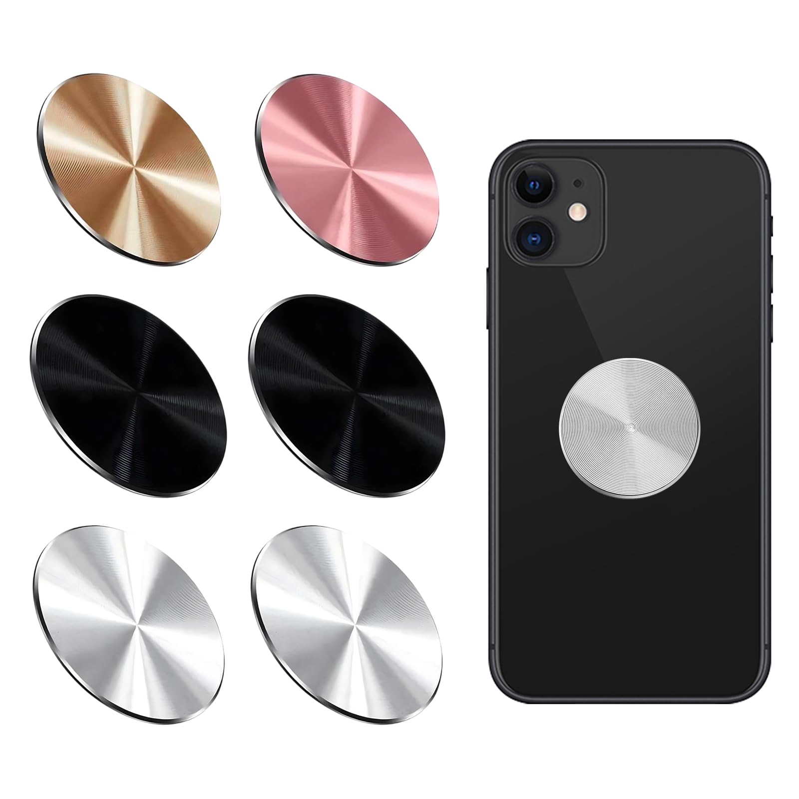 6 Pezzi Calamita per Cellulare Auto, Placche Metallo Universale Adesivo, Rotonde Piastra per supporto magnetico auto per Porta Cellulare Auto/Supporto Telefono Magnetico(Nero, argento, oro, rosa