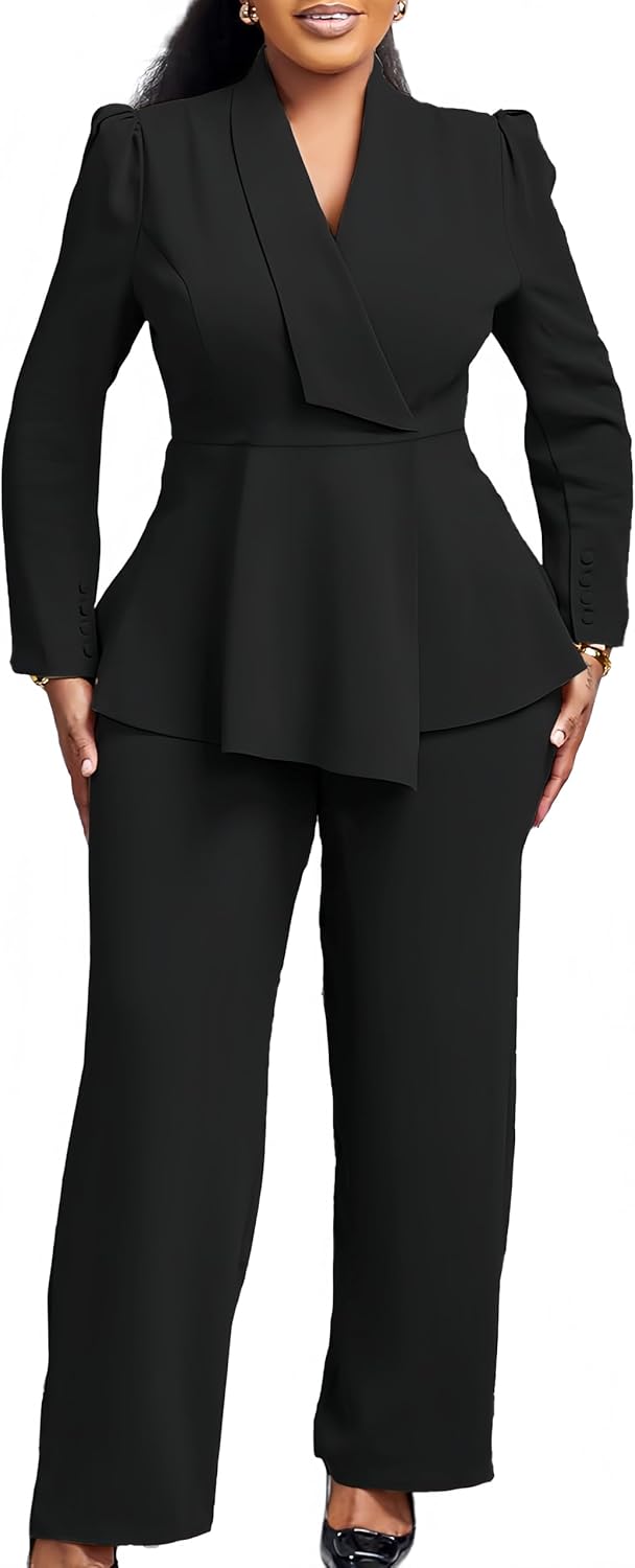 Women Suit Jacket 2 Piece Ruffle Blazer with Wide Leg Pants Suit Long Sleeve Business Casual Outfits