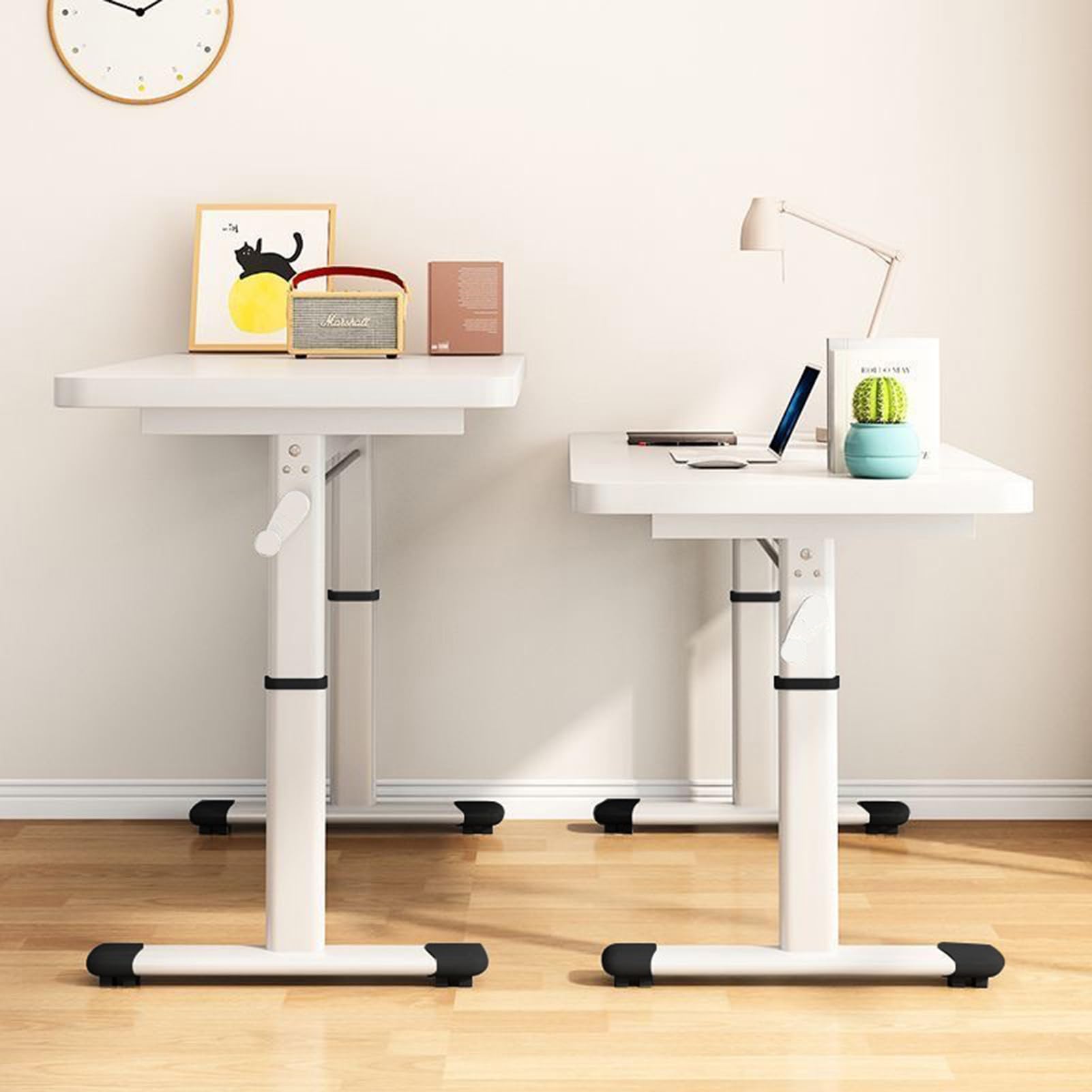 White Manual Standing Desk Standing Computer Desk Adjustable Height Whole-Piece Sit Stand Up Desk for Home Office Workstation