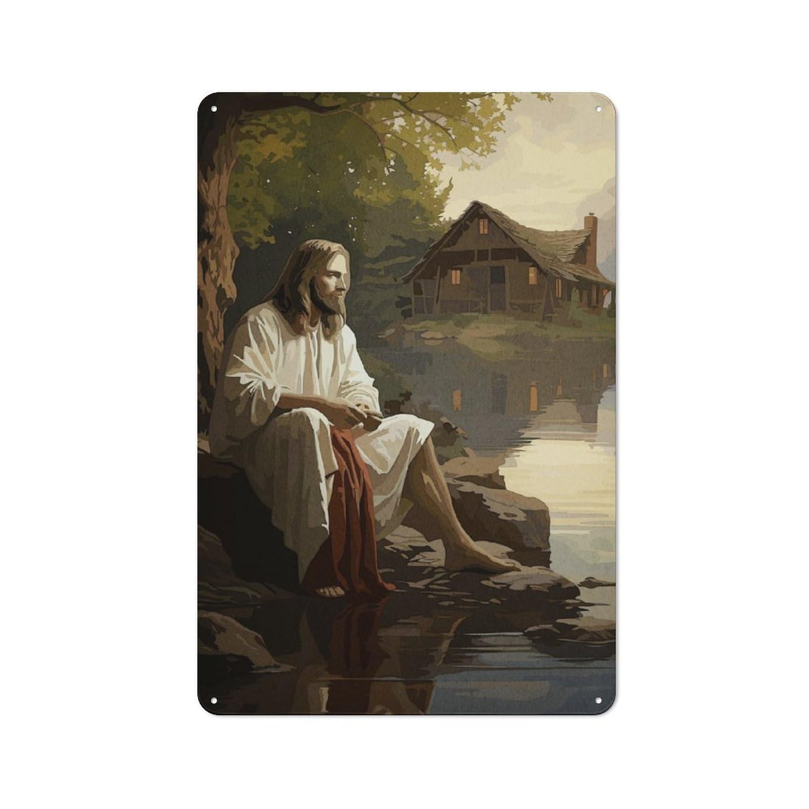 Jesus by The Lake Cottage Metal Wall Decor 30x20cm, Shed Metal Sign for Patio Bar, Workshop, Shed Or Kitchen