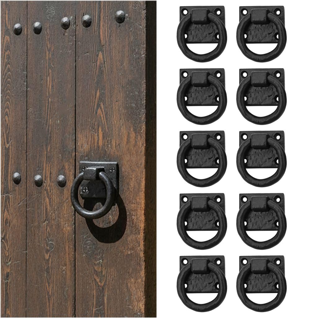 SaKeGa 10 Pack Mystic Colonial Cast Iron Ring Pull Handles Blackened Hammered Finish Antique Style for Cabinet, Drawer & Cupboard Hardware with Screw - Hammered, Vintage