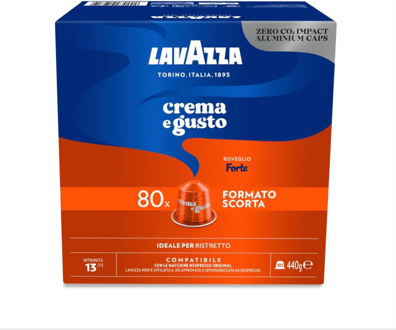 Lavazza Crema e Gusto Forte, 80 Aluminum Capsules Compatible with Nespresso* Original Machines, with Notes of Cocoa and Wood, Arabica and Robusta, Intensity 13/13, Dark Roast