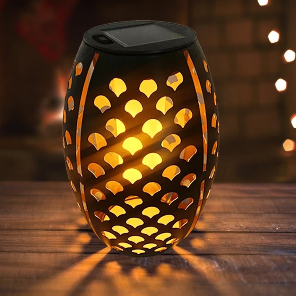 2PCS Solar Table Lanterns with Flickering Flame Light Outdoor Waterproof, Metal Desktop Decorative Lamp with Hollow Design for Tabletop Garden, 7.3" H Black Shell