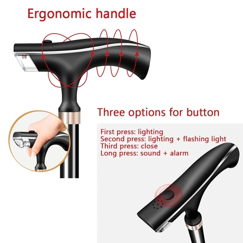 YXCKG Baston Extensible para Mayores, con Alarma de pánico, luz LED, Los Bastones de Aluminio brindan Soporte y Estabilidad adicionales, Ligero para Padres Madres Regalos (Color : Black)