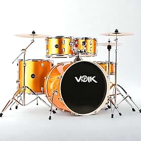 Bateria Acústica Voik BAM22-GD Cor Gold Brilhante Bumbo 22" Caixa Com Botão de Ajuste Fino Na Vibração 8 Peças Maquina de Chimbal Completa Com Pratos + Banco e Baqueta Para Iniciantes FOCUS Séries