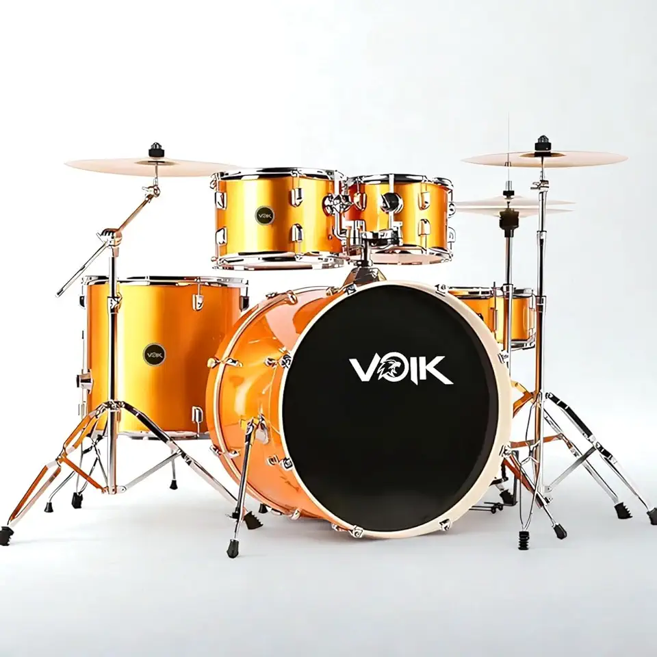 Bateria Acústica Voik BAM22-GD Cor Gold Brilhante Bumbo 22" Caixa Com Botão de Ajuste Fino Na Vibração 8 Peças Maquina de Chimbal Completa Com Pratos + Banco e Baqueta Para Iniciantes FOCUS Séries