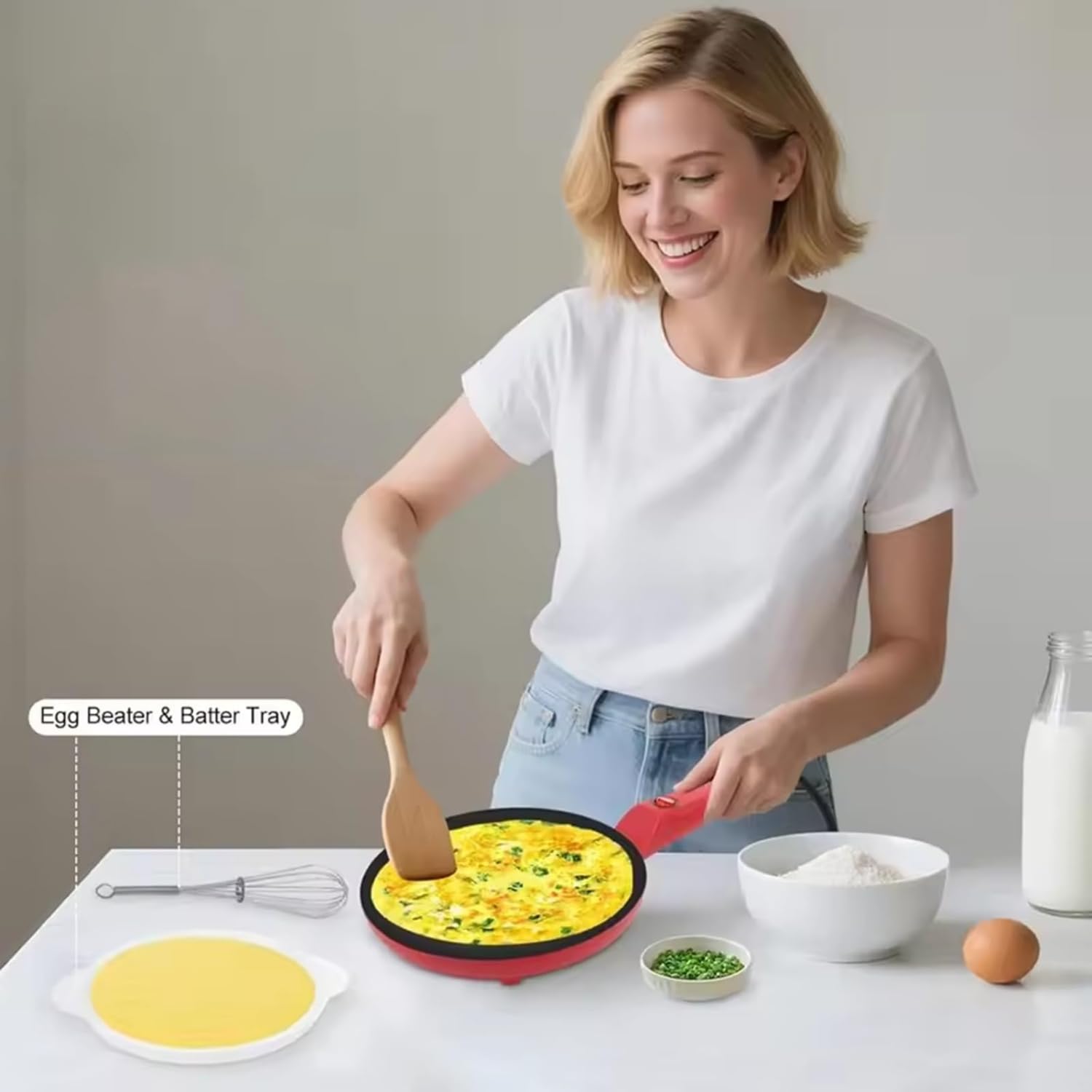 Crepe Maker elettrico, padella antiaderente da 20,3 cm con piastra per immersione e frusta per uova, riscaldamento rapido completamente automatico, controllo automatico della temperatura per crepes