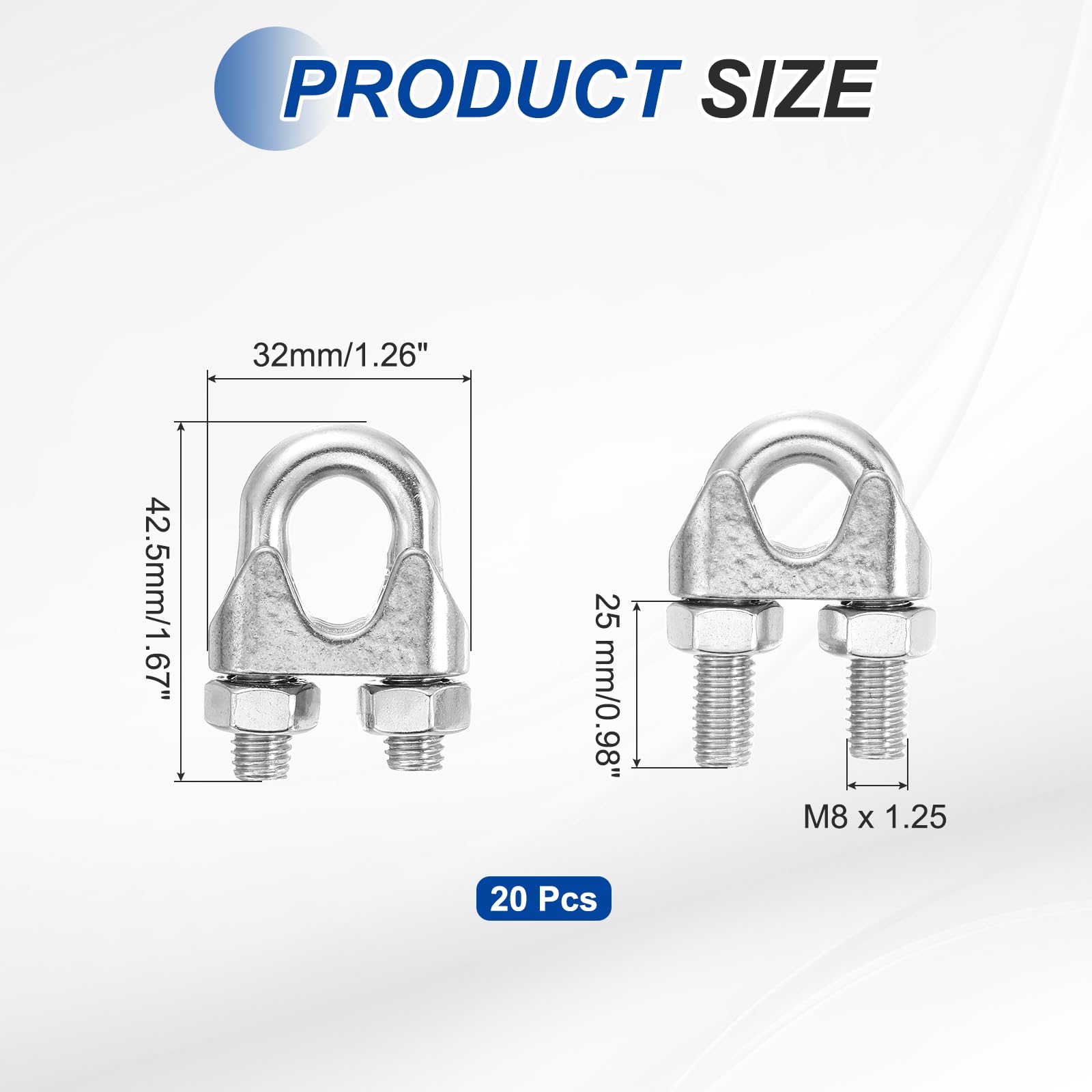 QUARKZMAN 20Pcs Morsetti Per Cavo In Acciaio Inox 304 3/8 Pollice M10 Piccoli Fermagli A U Bulloni Sella Per Fissaggio Sicuro Cavi Marine Linee Guida Recinzione Corda Per Bucato Argento