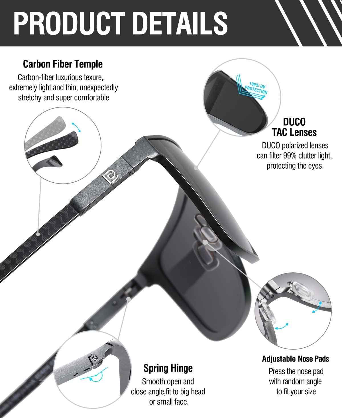 DUCO Trendy Square Sunglasses for Men Women Flat Top Shield Shades Oversized Carbon Fiber Polarized Sun Glasses DC8209