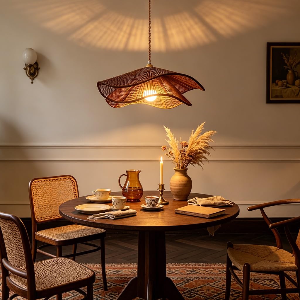 Handgewebte Rattan Pendelleuchte In Wellenform Boho Wabi Sabi Stil Höhenverstellbare Deckenlampe Aus Naturmaterial Für Wohnzimmer Esszimmer Schlafzimmer Küche Café Bauernhaus