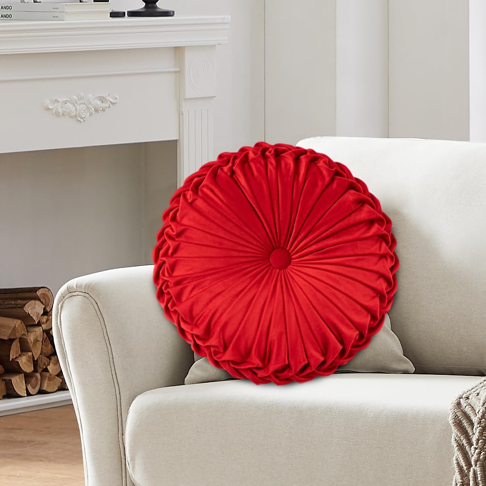 JOYWU Round Pleated Throw Pillow with Center Button,35cm 3D Pumpkin Velvet Pillow Cushion for Couch Chair Bed Car,Pumpkin Boho Chair Cushion,Pleated Design Round Floor Pillows,1 Pcs (Red)