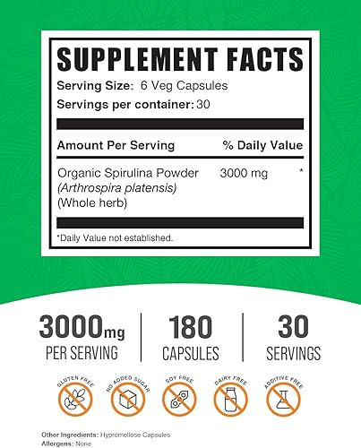 Miniatura 2 de BulkSupplements. Com Cápsulas de espirulina  Suplemento superalimenticio verde, suplemento de espirulina  Vegano, 6 cápsulas por porción, 180