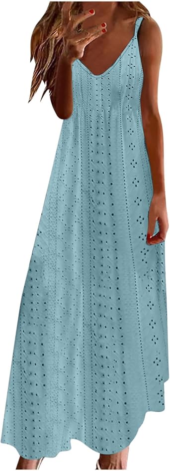 LFEOOST Maxi Dresses for Women 2024 Summer Sexy Spaghetti Strap Sleeveless V Neck Eyelet Hollow Out Beach Long Flowy Dress