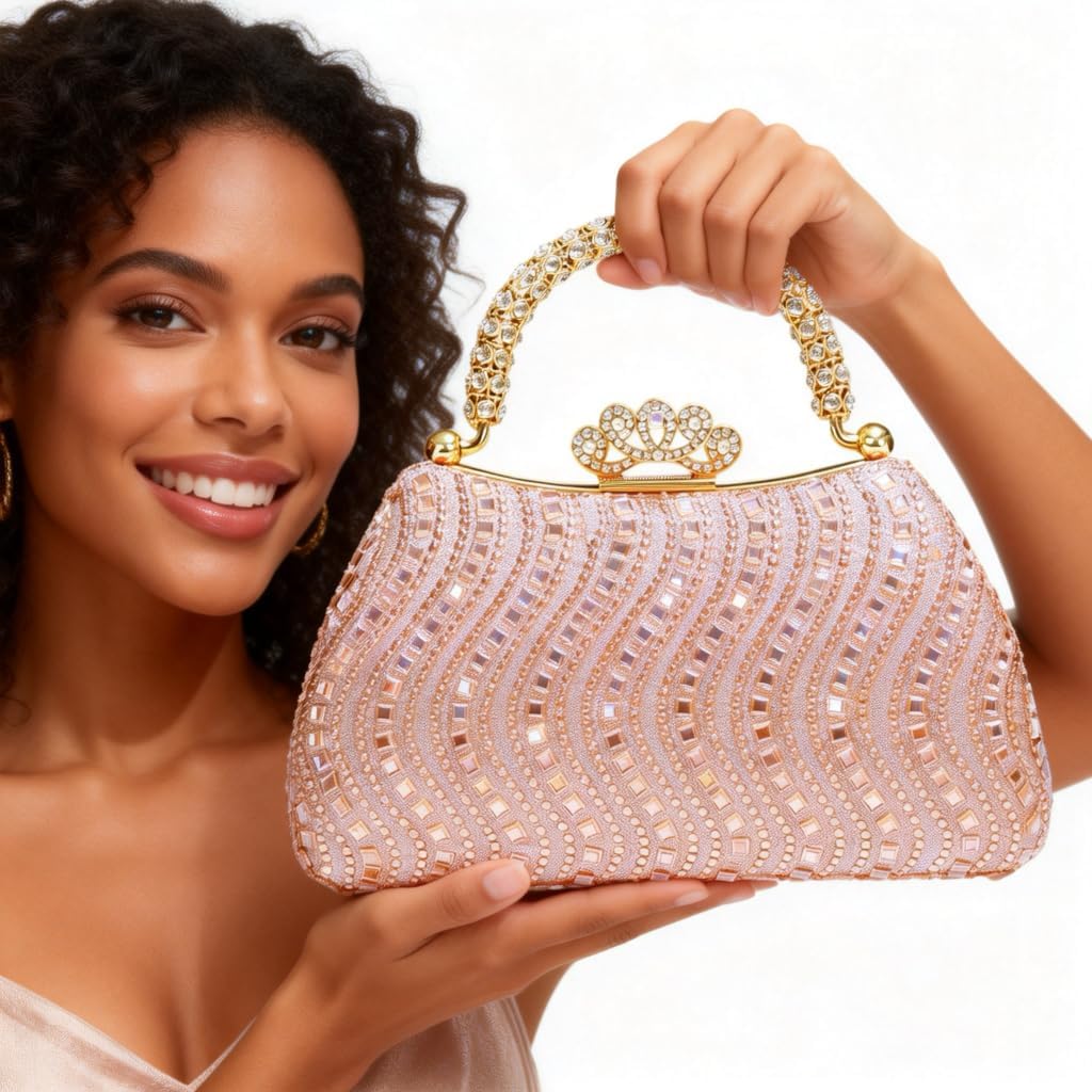 Rhinestone Evening Bag Elegant Crystal Clutch with Crown Detachable Chain for Weddings, Parties Prom Fits iPhone Essentials Perfect Formal Purse（Champagne ）