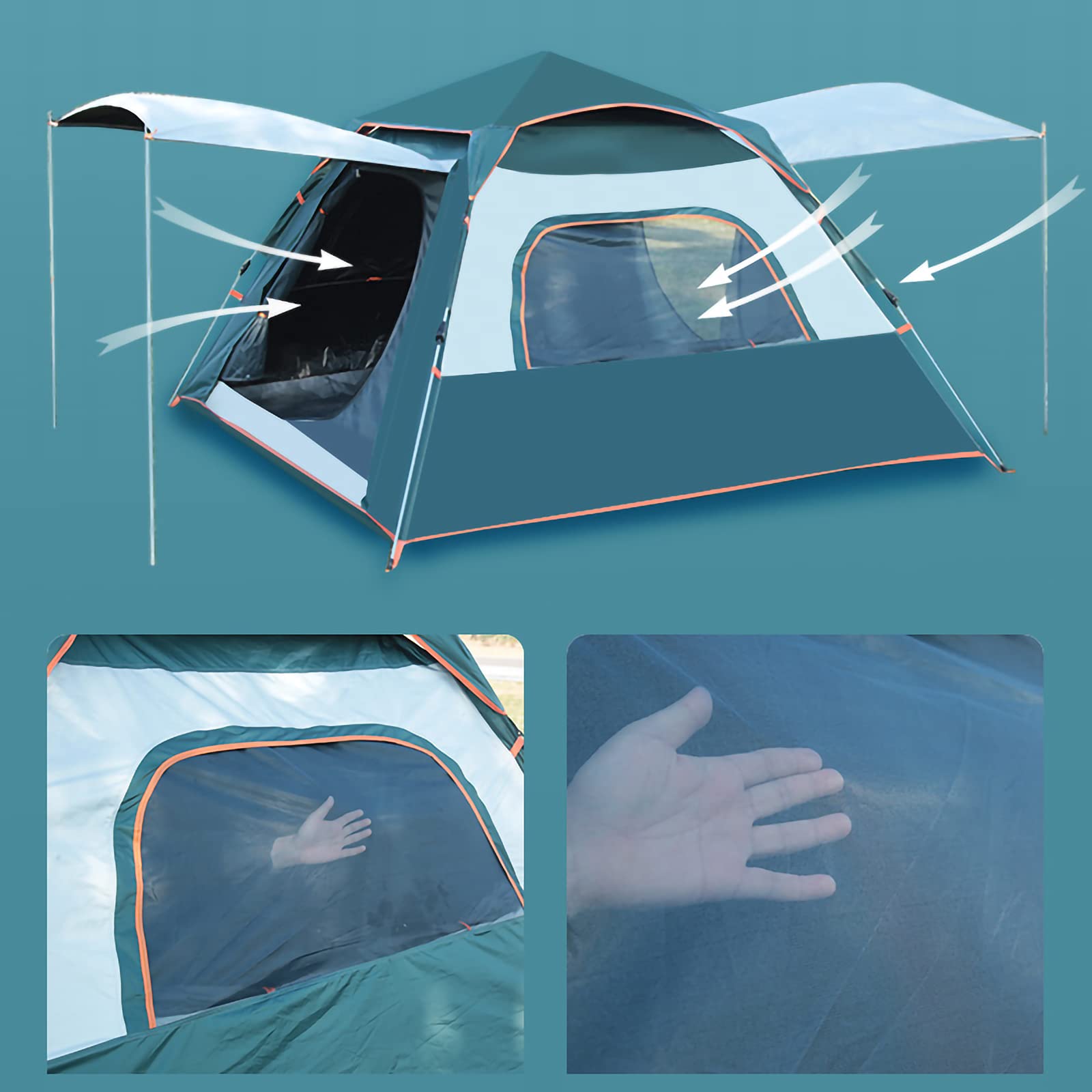 Przenośny wodoodporny namiot podróżny, 2-osobowy namiot rodzinny z wentylatorem solarnym USB Campilight, automatyczny rozkładany namiot zewnętrzny Campitent 2, oddychający ekran przeciw koma
