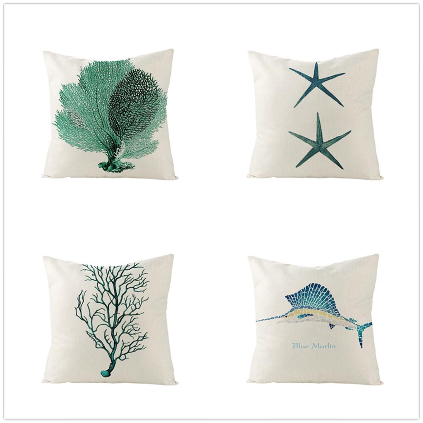 Poszewki na poduszki z motywem oceanu, 70 x 70 cm, lniane, kwadratowe, dwustronne, nadruk z ukrytym zamkiem błyskawicznym, zestaw 4 poszewek na poduszki, na zewnątrz, patio, ogród, salon,