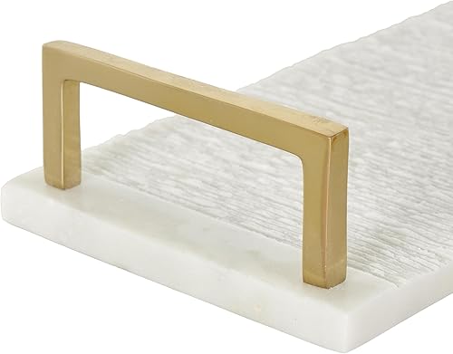 Miniatura 4 de Deco 79 Bandeja decorativa de mármol para sala de estar, bandeja otomana texturizada con asas doradas, juego de 2 bandejas para servir de 18
