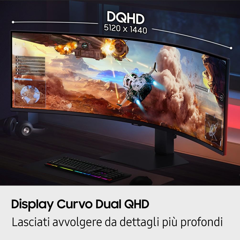 Samsung Monitor Gaming Odyssey G9 (S49FG912EU), Curvo (1000R), 49'', 5120x1440 (Dual QHD), 32:9, HDR 600, VA, 144Hz, 1ms (GtG), FreeSync Premium Pro, HDMI, DP, Ingresso Audio, HAS