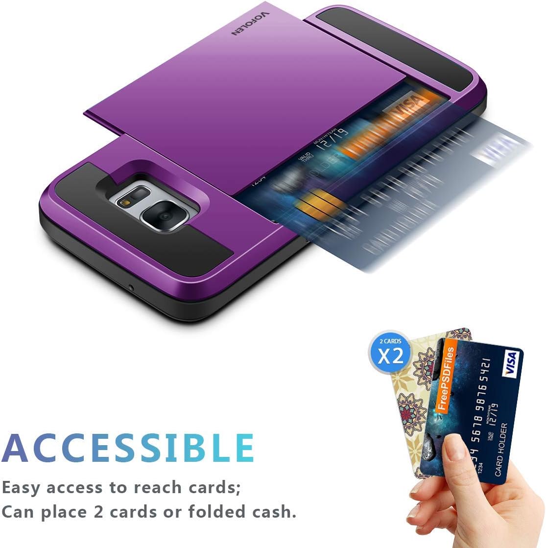 Vofolen Case for Galaxy S7 Case Wallet Slidable Card Holder Slot ID Pocket Protective Hard Shell Shock Absorbing TPU Tough Rubber Bumper Armor Scratch-Proof Case Cover for Samsung Galaxy S7 Purple