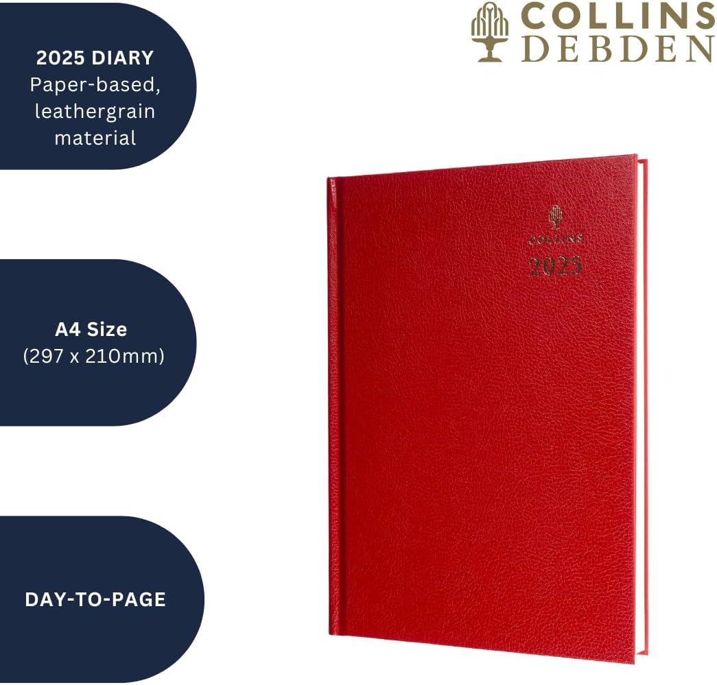 Collins Standard Desk 2025 Diary for Professionals - A4 Day to a Page Business Diary - Red - (44.15-25) - Premium Business Planner with Hardback Leathergrain Covers
