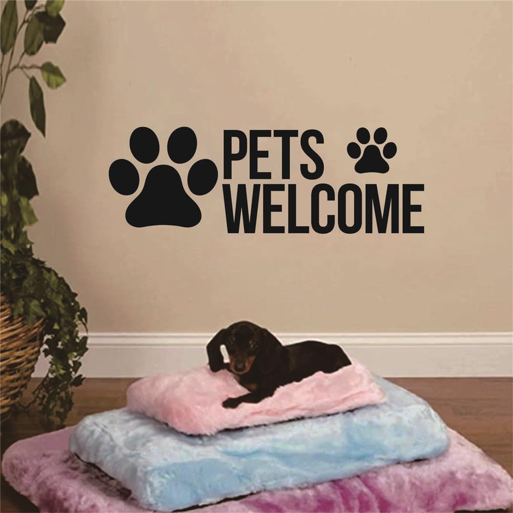 Pets Welcome Pet Grooming Salon Logo Wall Decor Art Dog Tracks Stickers (22.5x8 inch) (Black)