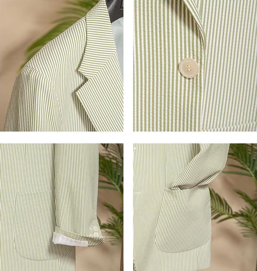 Mens Seersucker Suit 2 Piece Slim Fit Jacket Shorts Set for Wedding Business Casual Summer Beach Outfits4