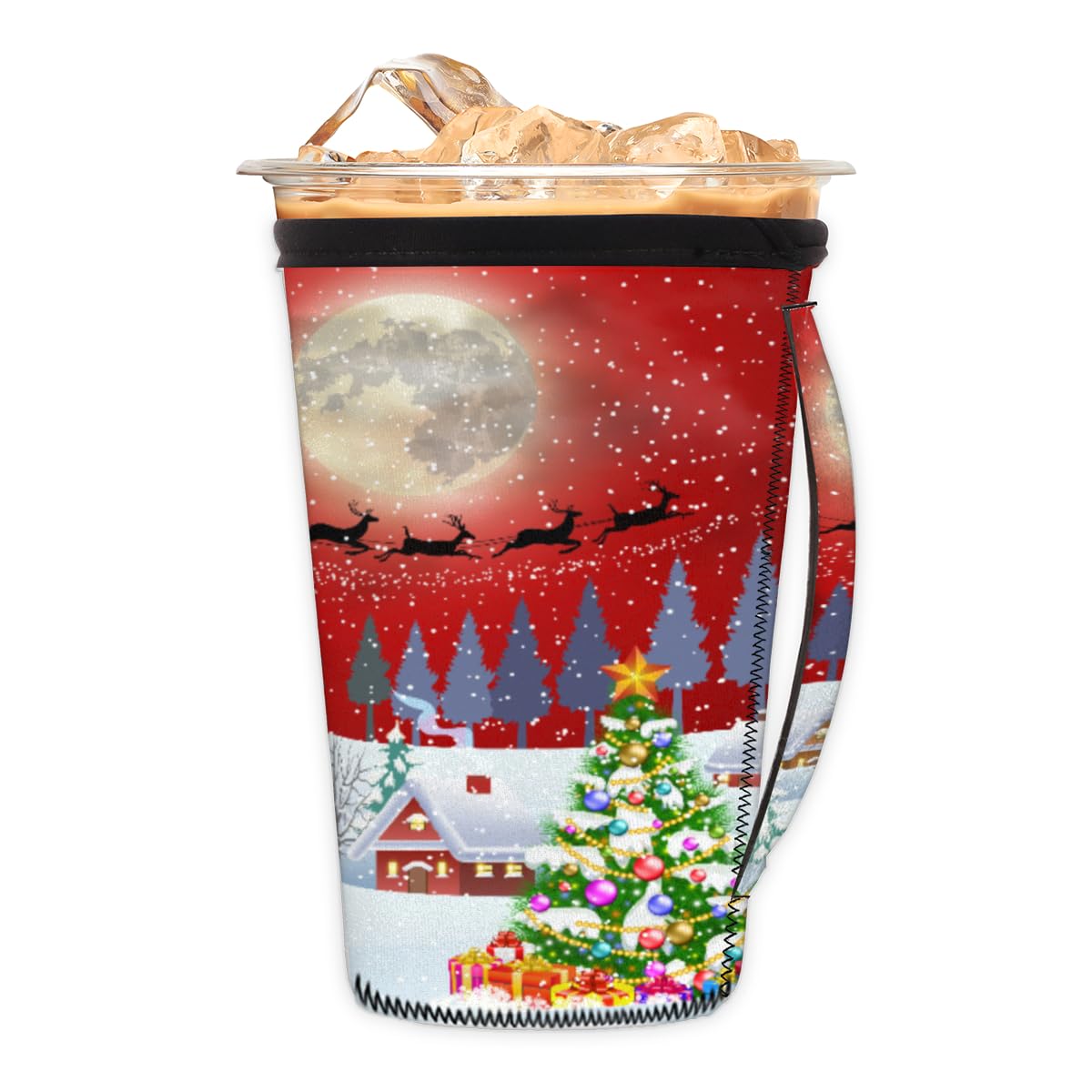 FengQuGou Christmas Holiday Decor Reusable Iced Coffee Cup Sleeve With Handle Xmas Tree Snowman Neoprene Ice Insulator Compatible Medium 24-28 oz for