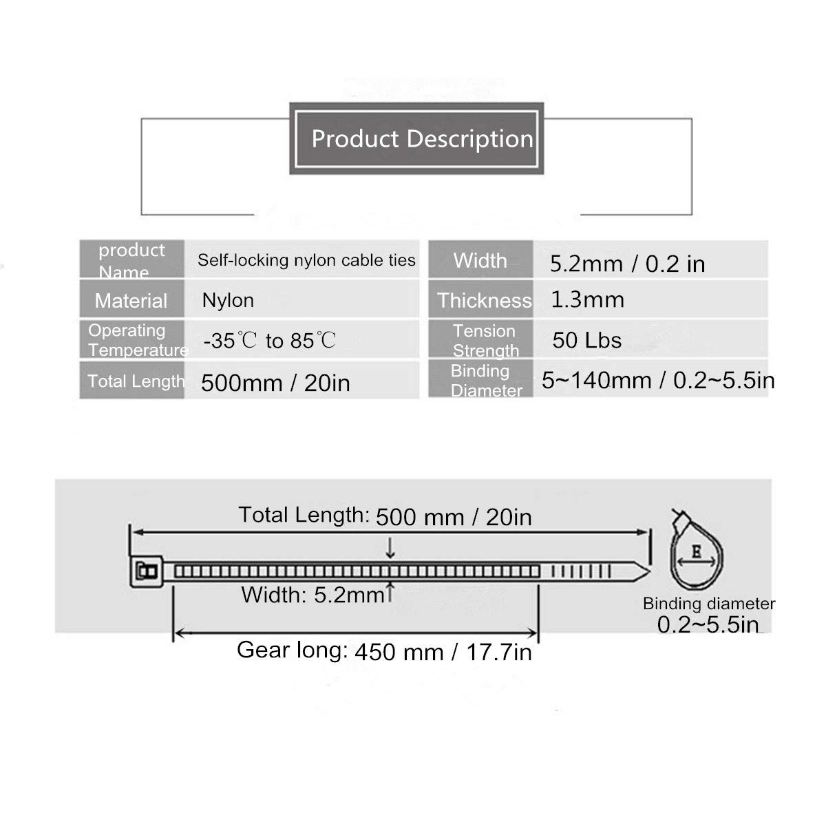 Heavy Duty 20 Inch Self-Locking Nylon Cable Zip Ties, Width 0.2 Inch (White 100 pcs)