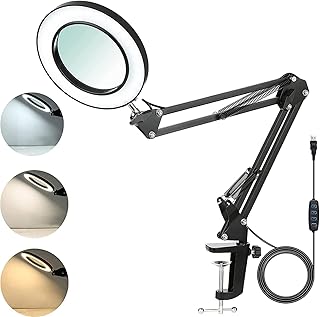 Magnifying Desk Lamps, eSynic 8X Magnifying Light Lamp with Clamp 72 LED 3 Color Modes 10 Level Brightness Adjustable Magnifying Glasses Swivel Arm USB Magnifying Lamp For Reading Sewing Crafting